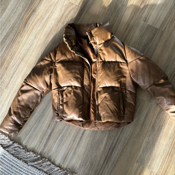 Apparis brown leather puffer coat - Picture 2 of 5